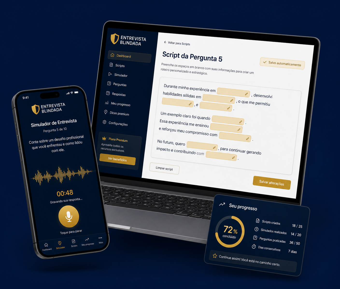Plataforma Entrevista Blindada no celular e no computador: script preenchível, simulador com voz e progresso